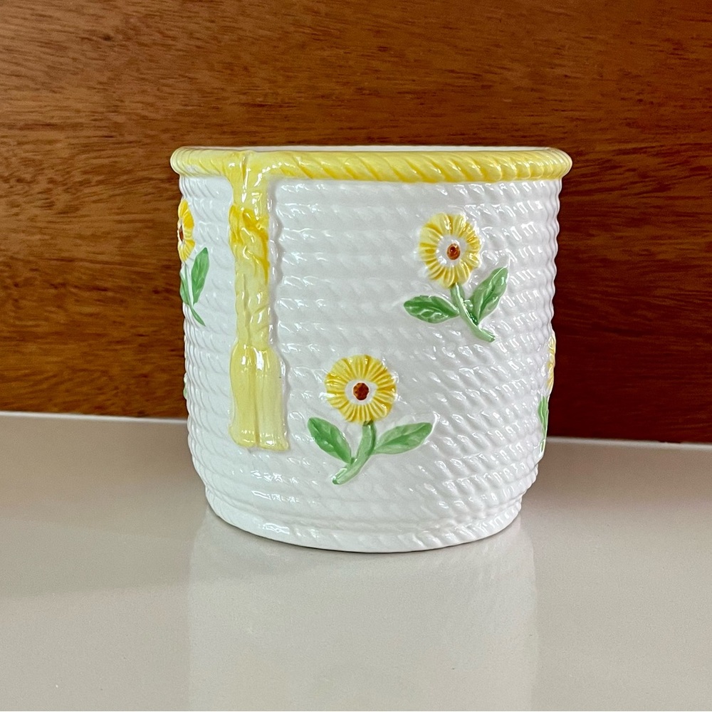 Vintage MCM Japan National Silver Company ceramic planter rope weave w flowers